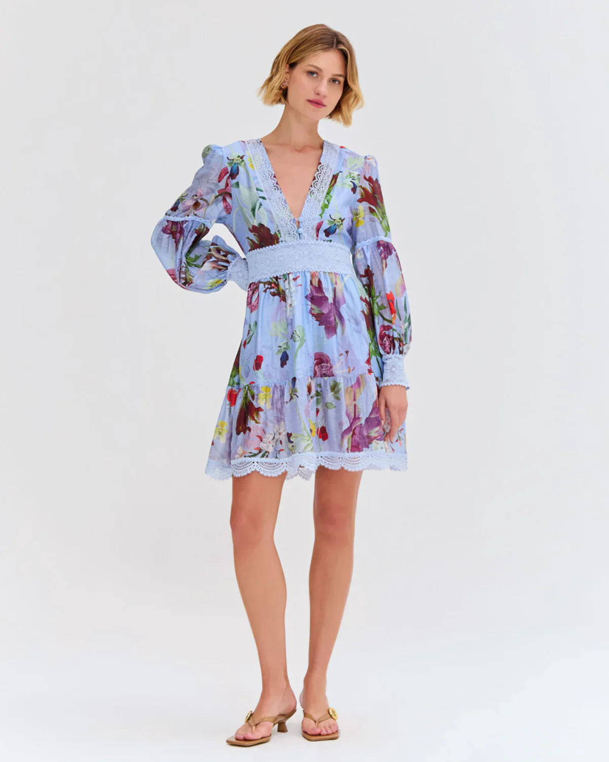 PatBo Lily Flower Long Sleeve Plunge Mini Dress