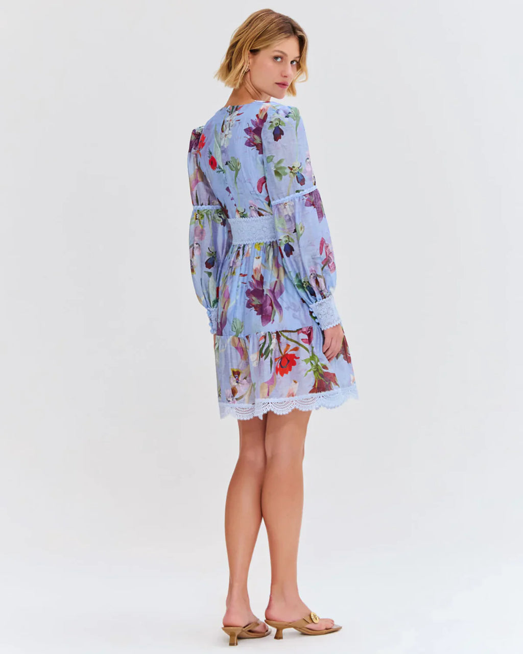 PatBo Lily Flower Long Sleeve Plunge Mini Dress