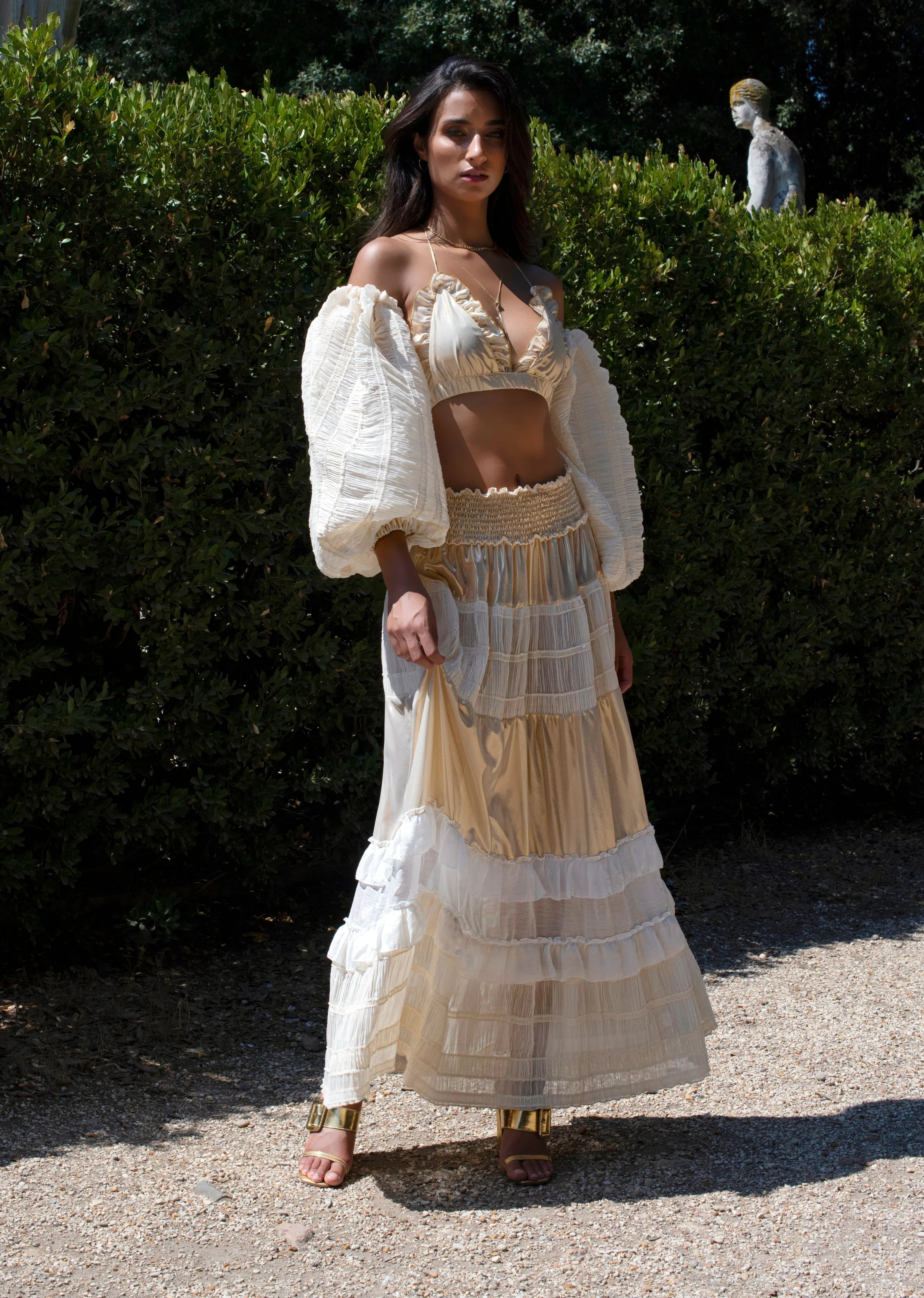 Chio Long Tier Lace Maxi Skirt Beige